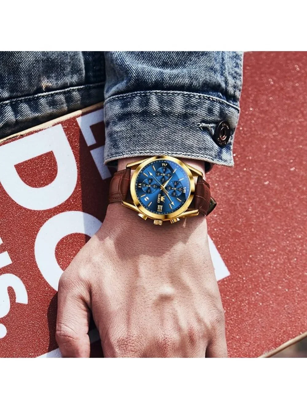 Men's Blue Brown Leather Chronograph Watch Big Face Waterproof Luminous Watch